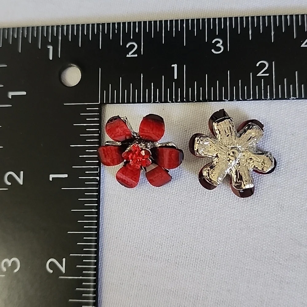 Red Glass and Crystal Flower Pendant Necklace and Matching Flower Earrings Set
